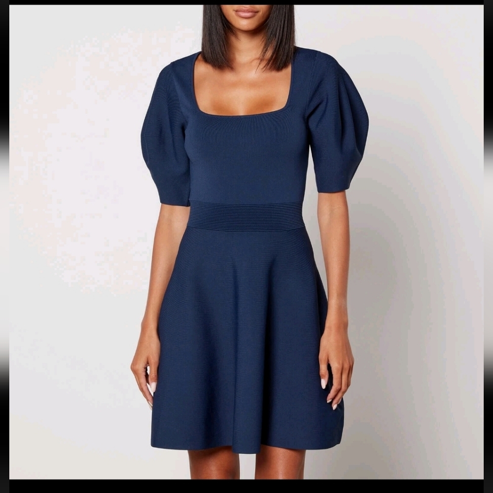 Ted Baker Hayliy Navy Blue‎ Puff Sleeve Knit Square Neck Dress